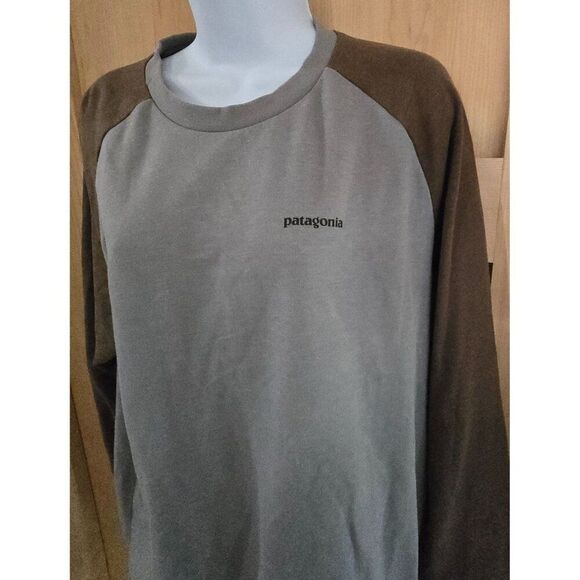 Patagonia Mens Grey/Brown Long Sleeve Raglan Shirt With Logo Print  gorpcore - Picture 4 of 6